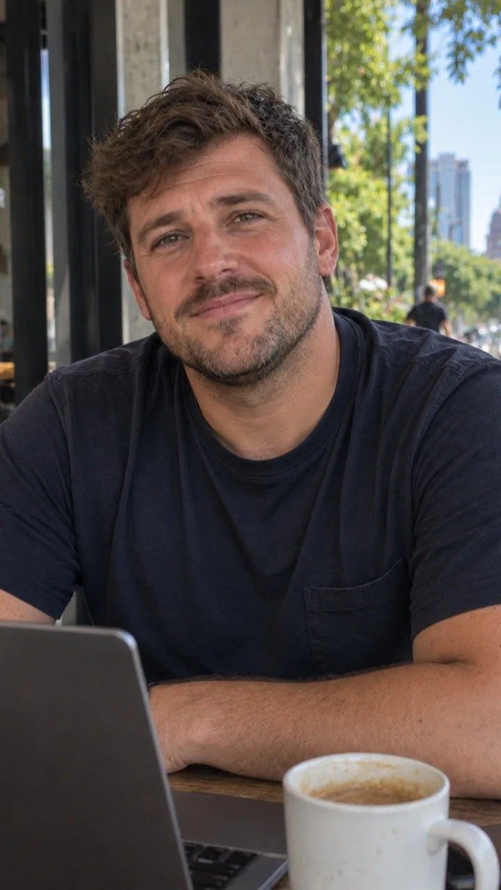 An ATX Presence virtual host presenting to camera in a vertical, captioned video frame, filmed in downtown Austin.