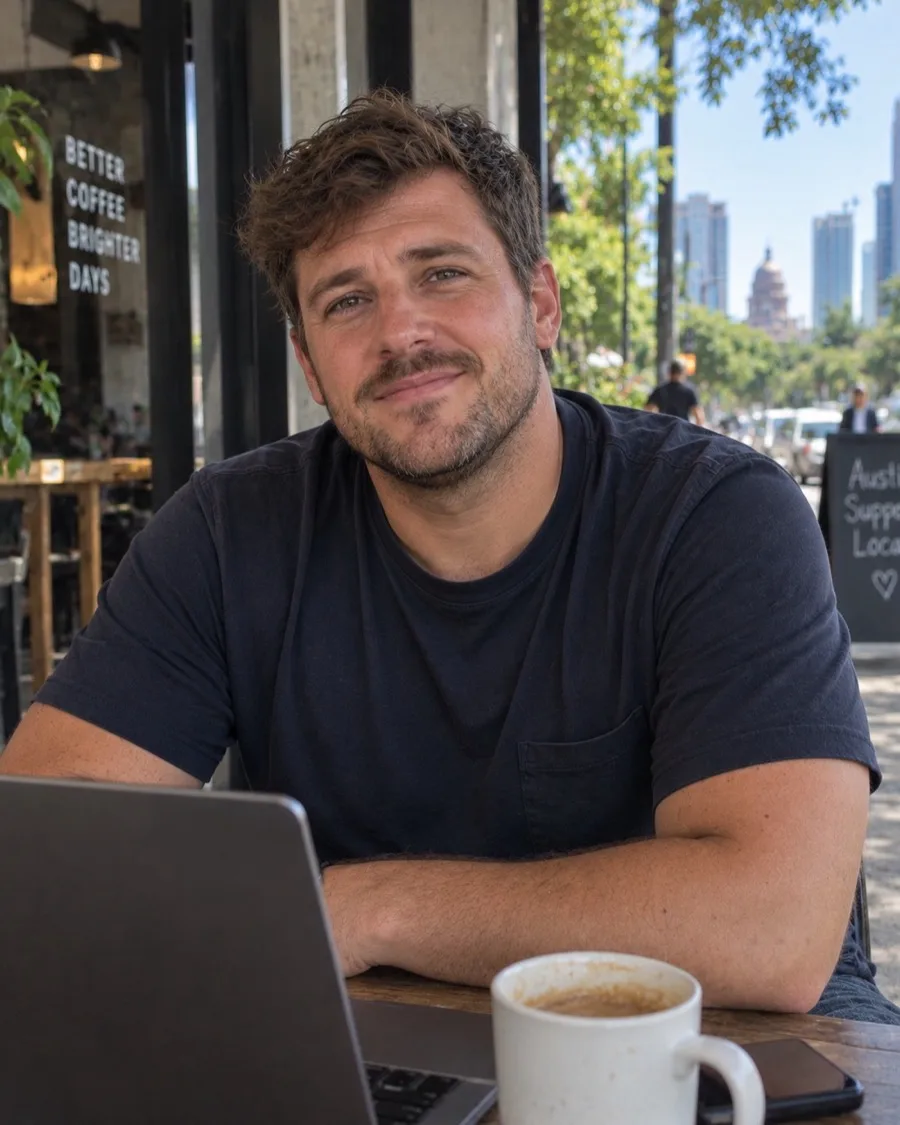 The second ATX Presence virtual host at an outdoor table in downtown Austin.